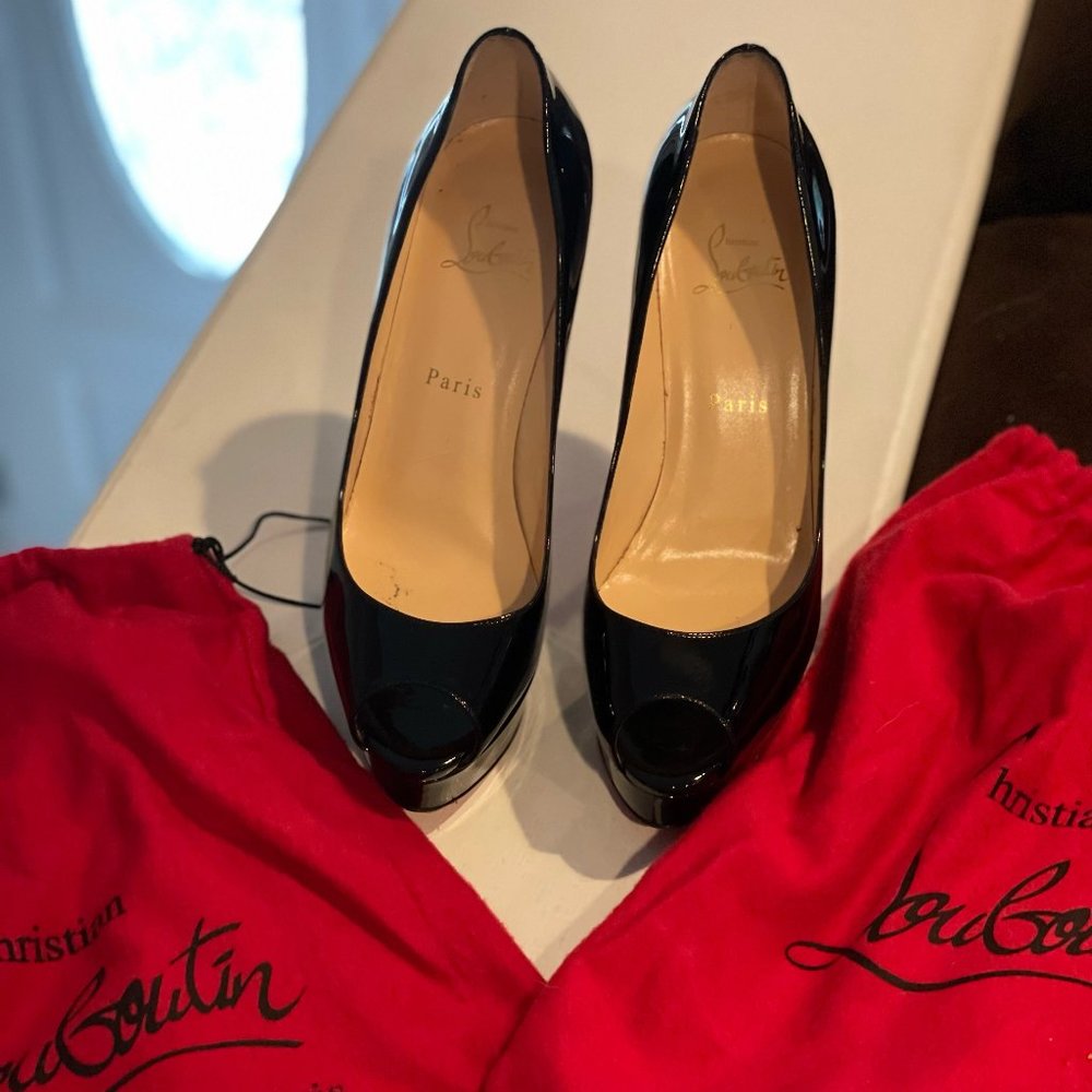 Christian Louboutin Black Patent Lady Peep Toe Platform Pumps Size 39.5